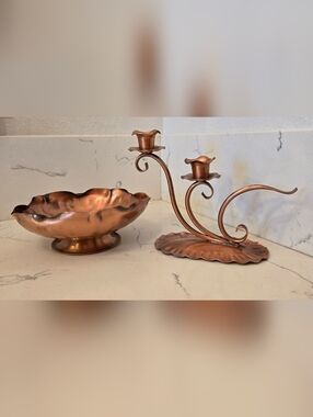 Vintage Lot Gregorian Hammered Copper Bowl And Candelabra Made In USA